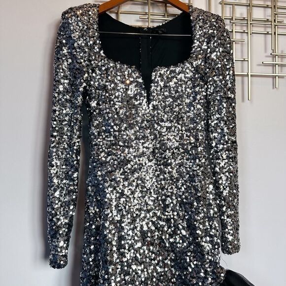 Symphony Party Girl Dress Silver Asymmetrical Poof Ruffle Size M - Picture 3 of 14